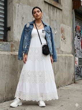 White Boho Lace Tiered Spaghetti Straps Maxi Dress - Size XL Made In Italy